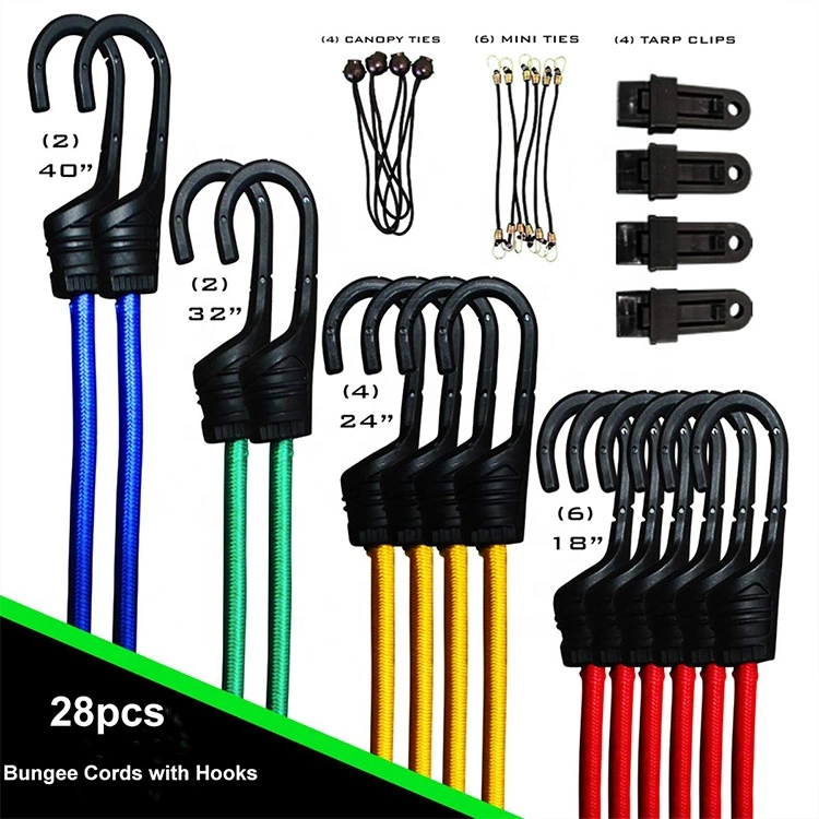 Hot Sale Heavy Duty Elastic Bungee Cords with Hooks 28PCS Assortment with 4 Tarp Clips, Organizer Bag, Canopy Tie